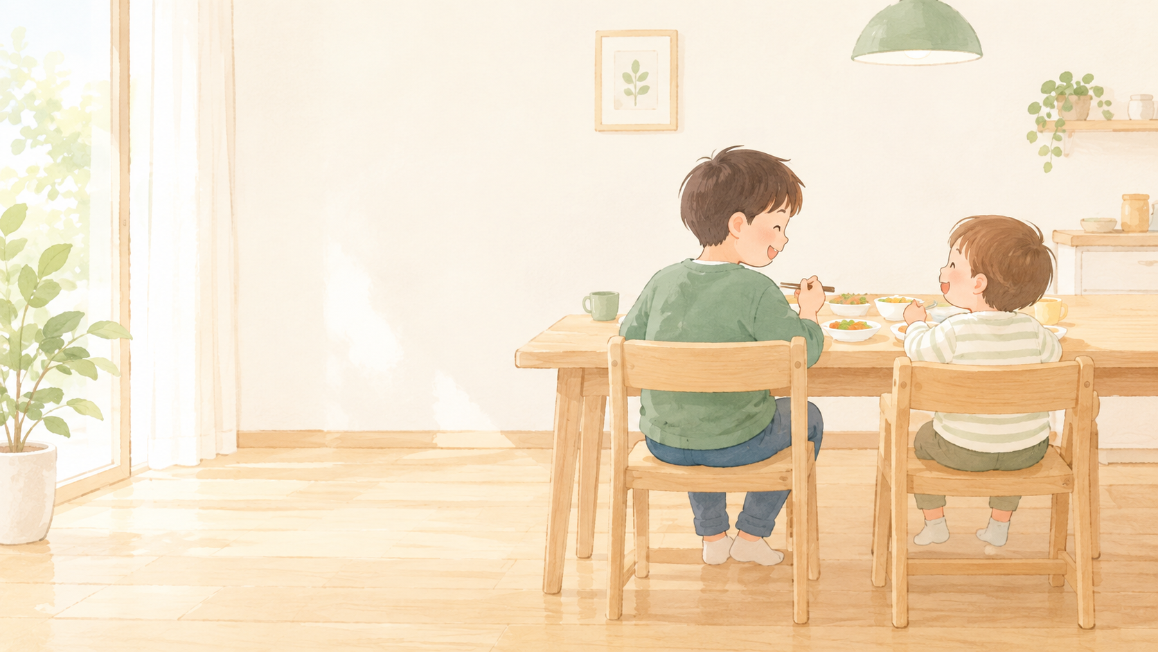 トリップトラップに座って並ぶ兄弟のイラスト