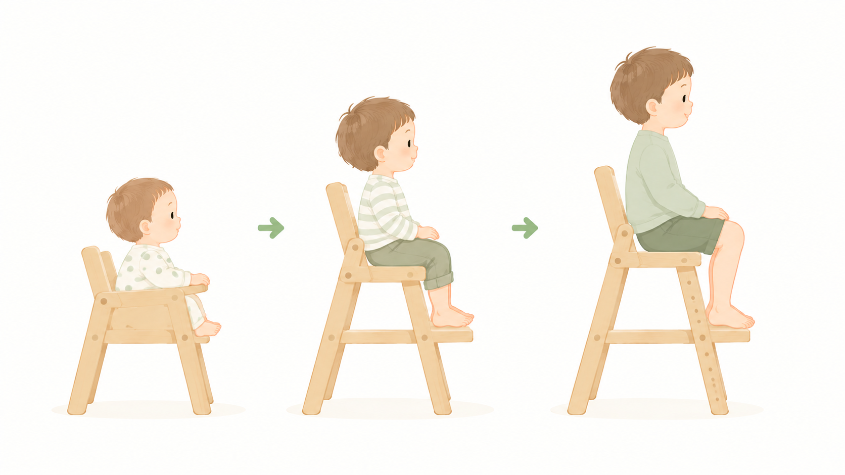 成長に合わせて椅子が変わっていく子どもたちのイラスト