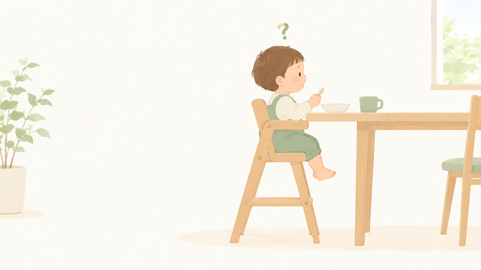 ハイチェアに座り、足が足置きに届かない子どものイラスト