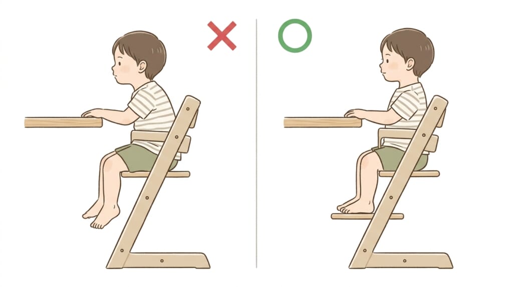足がつかない姿勢と、足の裏全体がついた姿勢を比べたイラスト