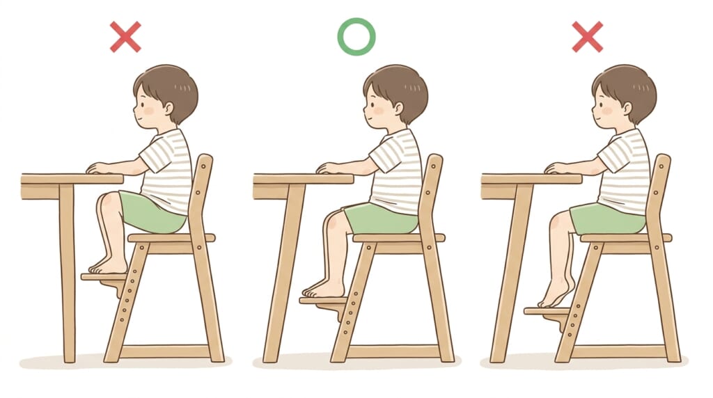 足置きが高すぎる・ちょうどよい・低すぎる場合を比べたイラスト